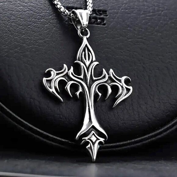 Necklace Flame Cross Anarchy Stainless Pendant Viking Gothic Y2K Biker Edgy rock - Picture 3 of 5